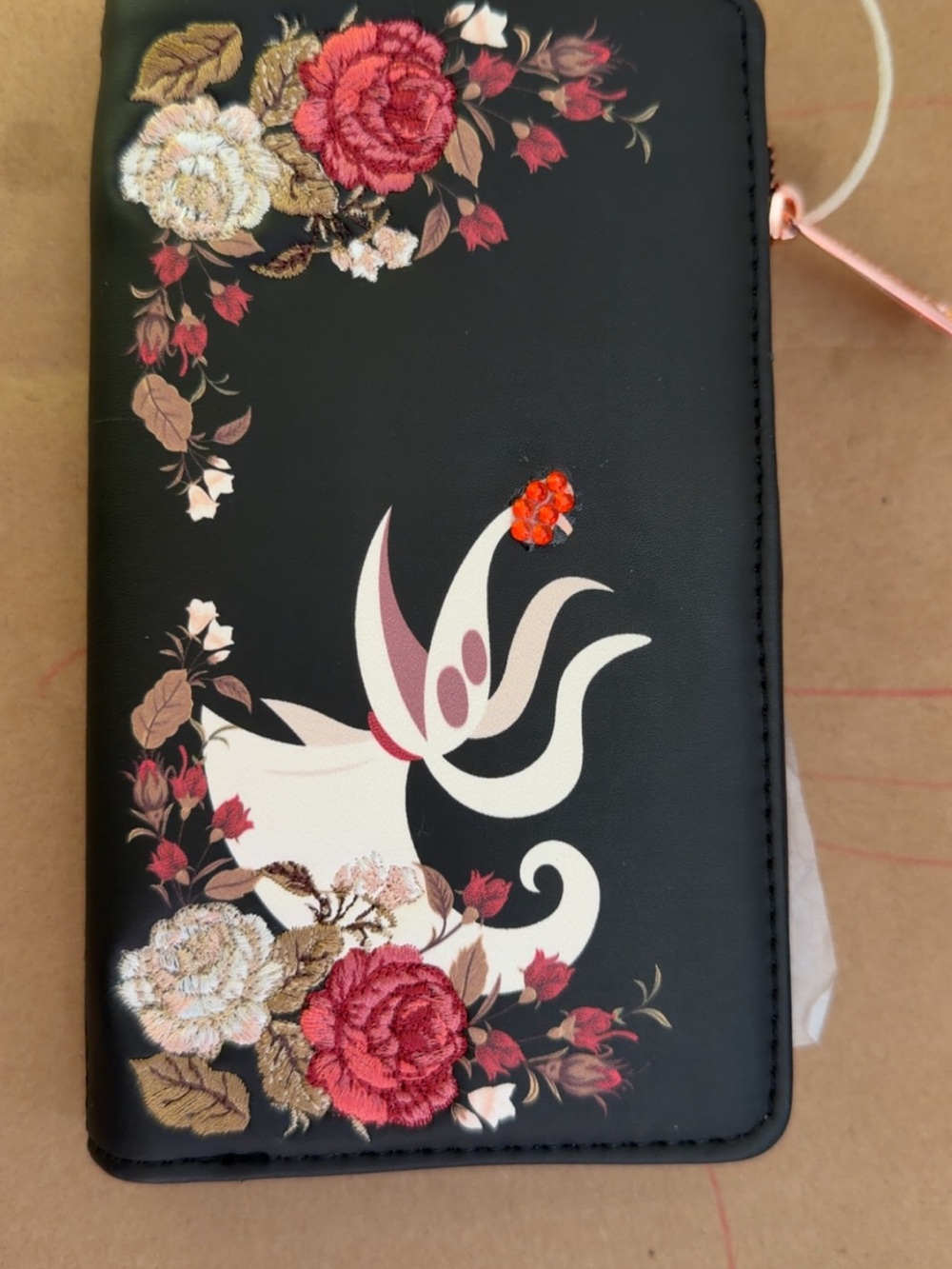 Bedazzled Loungefly Black Floral Embroidered Wallet with Cream and Red Accents